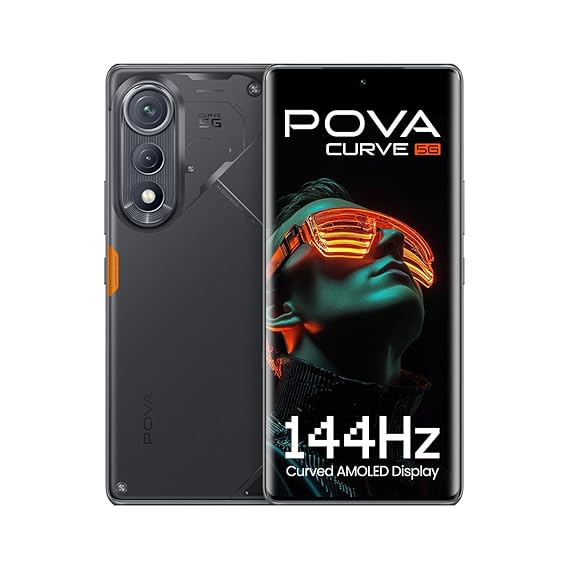 Tecno POVA Curve 5G 144Hz Curve AMOLED Slimmest 7.45MM, 64MP IMX682 Rear Camera with 5500mAh Battery, Segment's 1st Best AI with Indian Languages and Call Assistant, Geek Black, 8GB+128GB